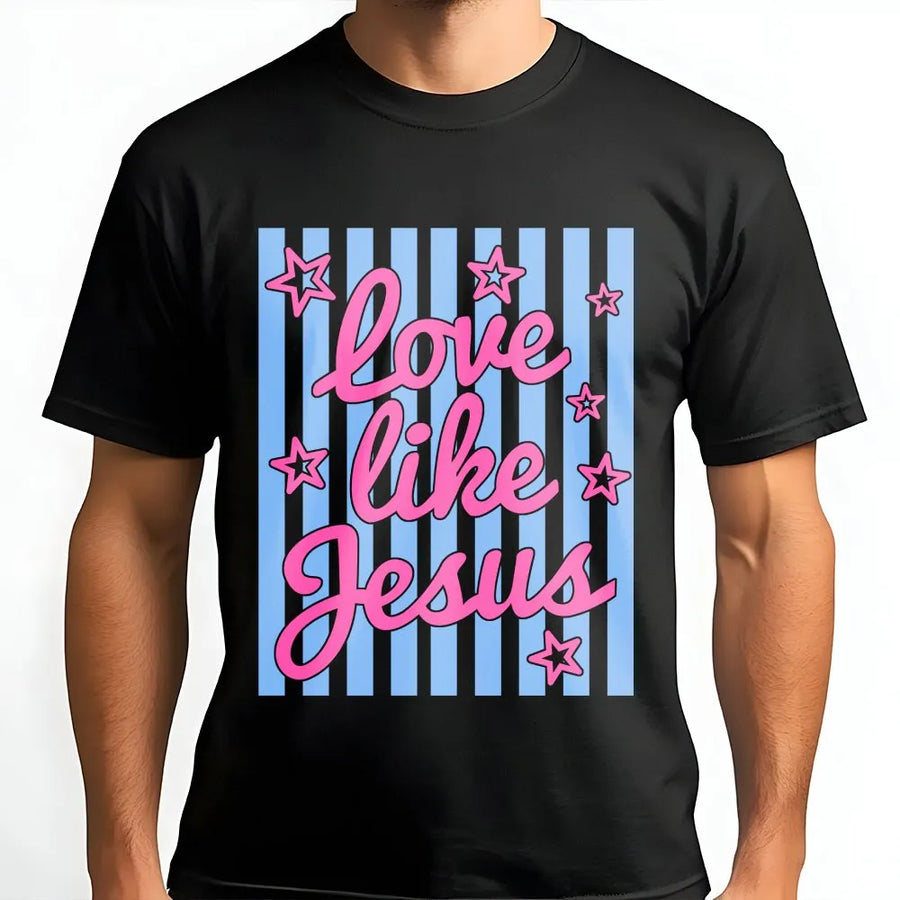 Love Like Jesus T-Shirt | Retro Striped Christian Graphic | Cozy Cotton Blend Pullover | Faith Based Apparel Gift for Women