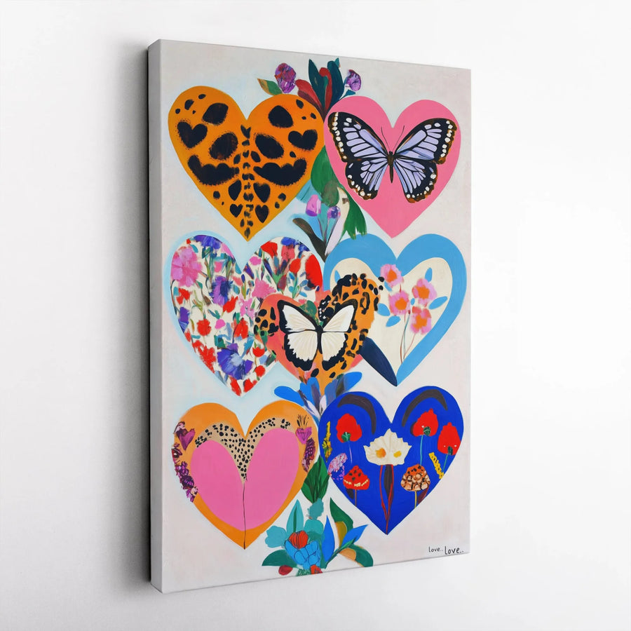 Colorful Heart Canvas Wall Art | Butterfly and Floral Boho Aesthetic | Gallery-Quality 1.25" Profile | Vibrant Home Decor Gift for Her