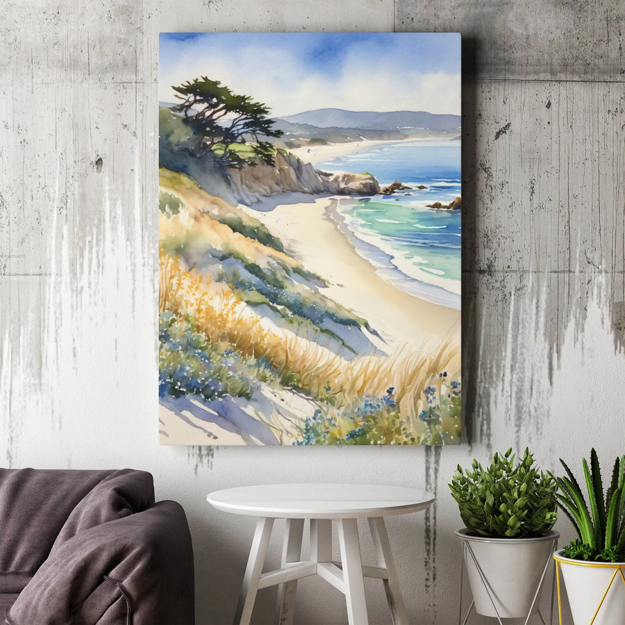 Carmel Beach Watercolor Canvas Print | Coastal California Landscape with Cypress Tree | Premium Gallery-Wrapped Art | Coastal Home Decor Wall Art