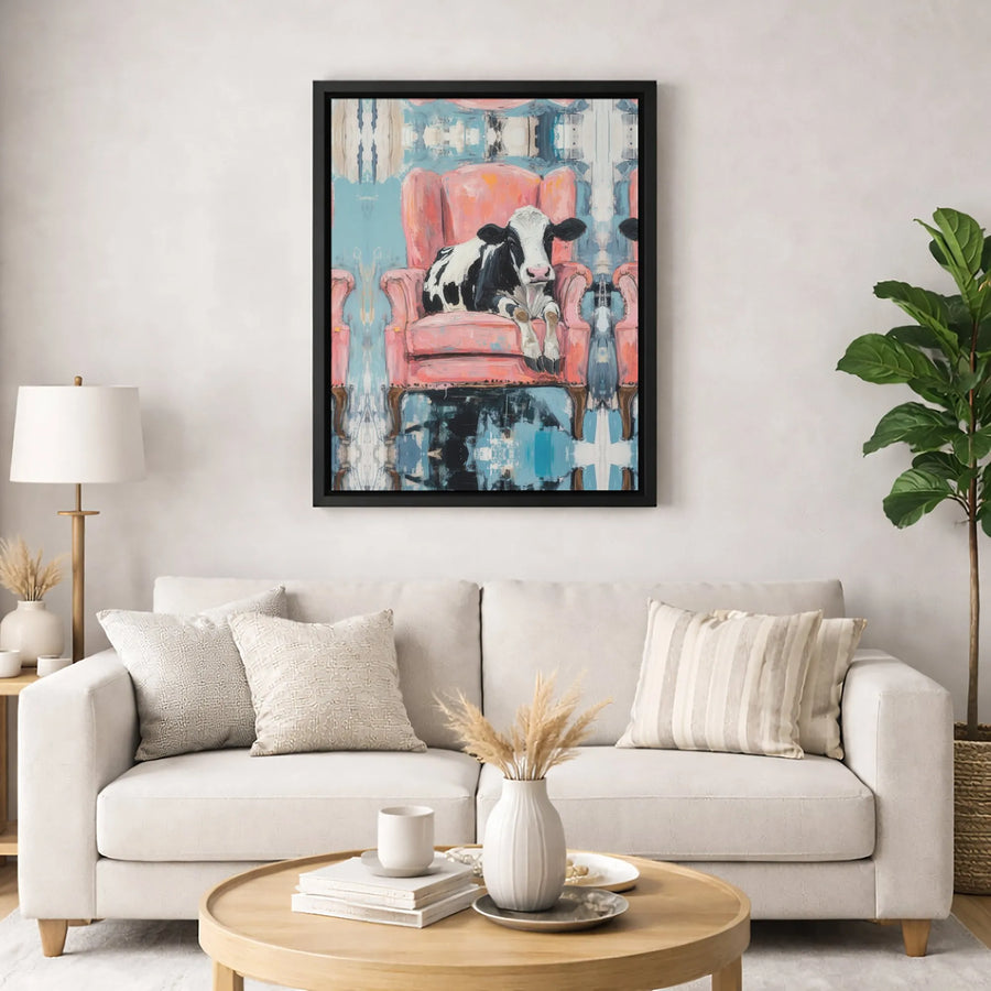 Cow in Pink Armchair Canvas Wall Art | Whimsical Abstract Farmhouse Decor | Premium Gallery Wrap Print | Unique Living Room Statement Piece