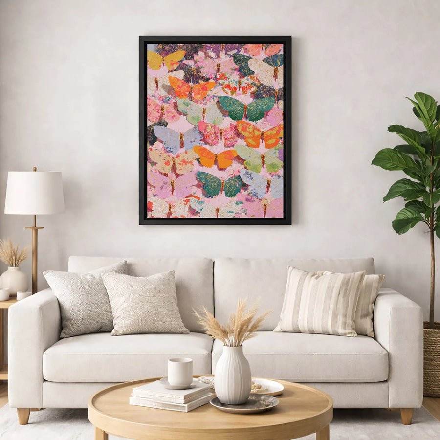 Colorful Butterfly Canvas Wall Art | Whimsical Gold Foil Accent Print | Premium Gallery Wrapped Decor | Modern Home Office Botanical Gift