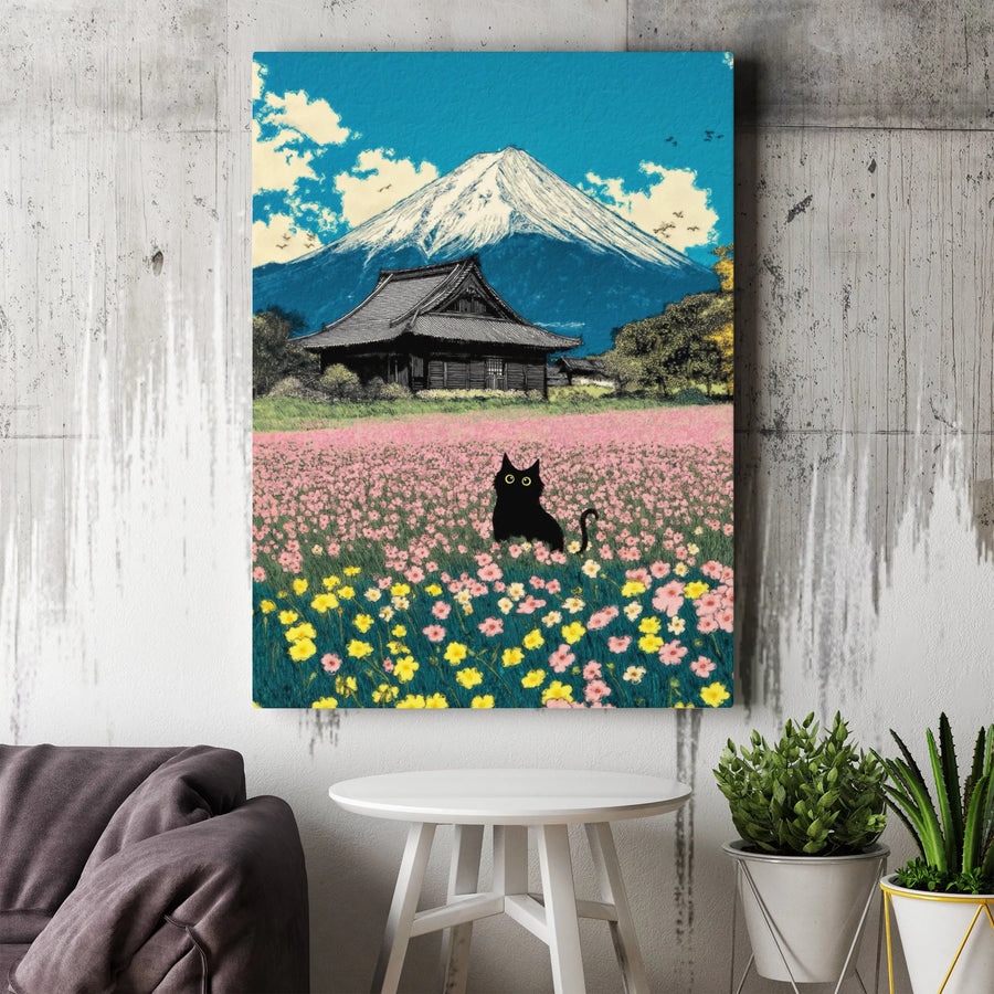 Black Cat Wall Art | Japanese Ukiyo-e Style Mount Fuji Landscape | Premium 1.25-Inch Gallery Wrap Canvas | Whimsical Nature Home Decor Gift