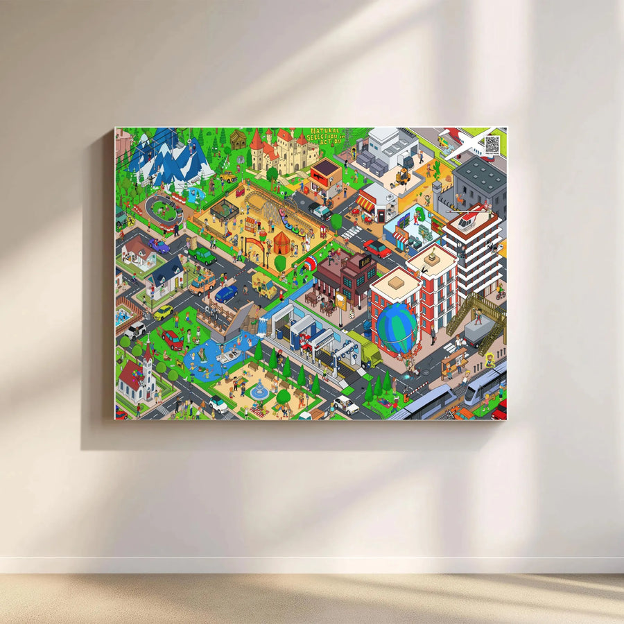 Isometric Cityscape Canvas | Natural Selection Pixel Art Print | Premium 1.25" Gallery Wrap | Unique Home Decor Gift For Gamers