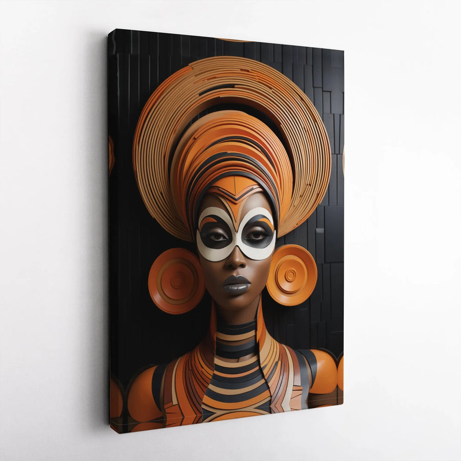 Afrofuturistic Wall Art | Vibrant Orange Headdress Portrait | Premium Gallery-Wrap Canvas | Modern African American Home Decor Gift