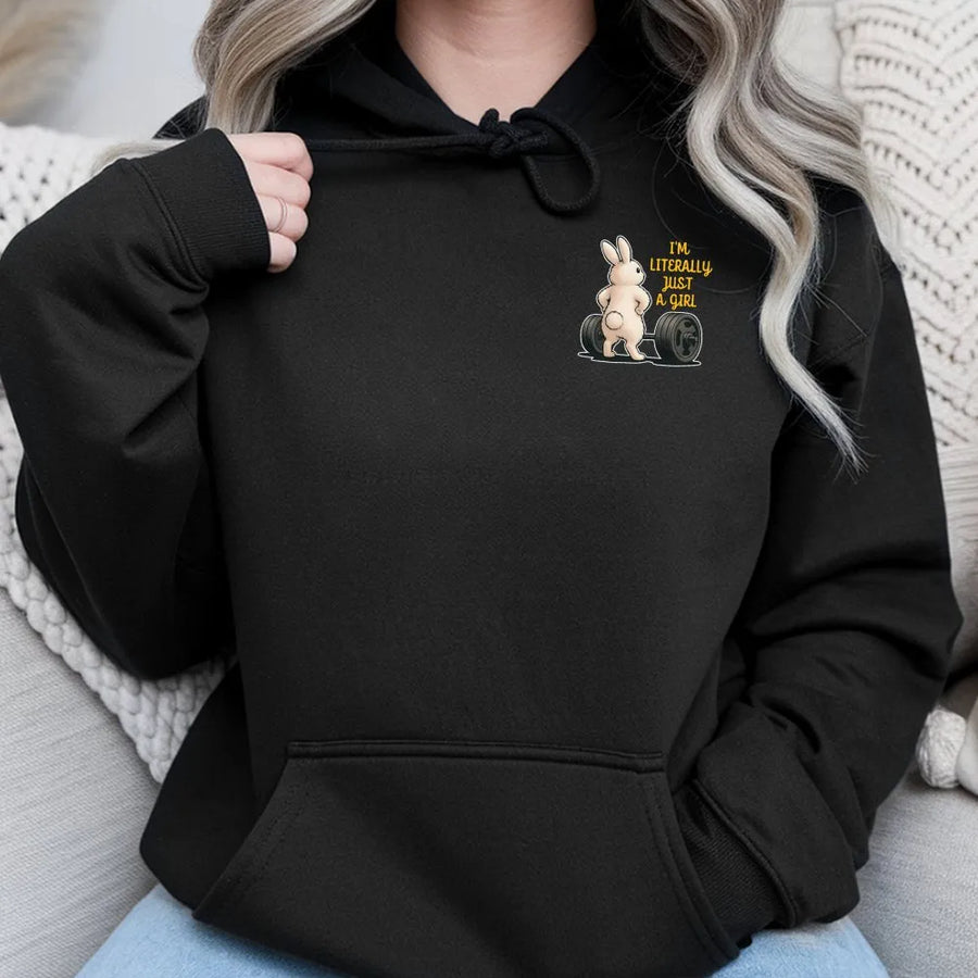 Literally Just a Girl Hoodie | Cute Bunny Lifting Graphic | Premium Soft Cotton | Funny Gym Gift for Women Who Lift