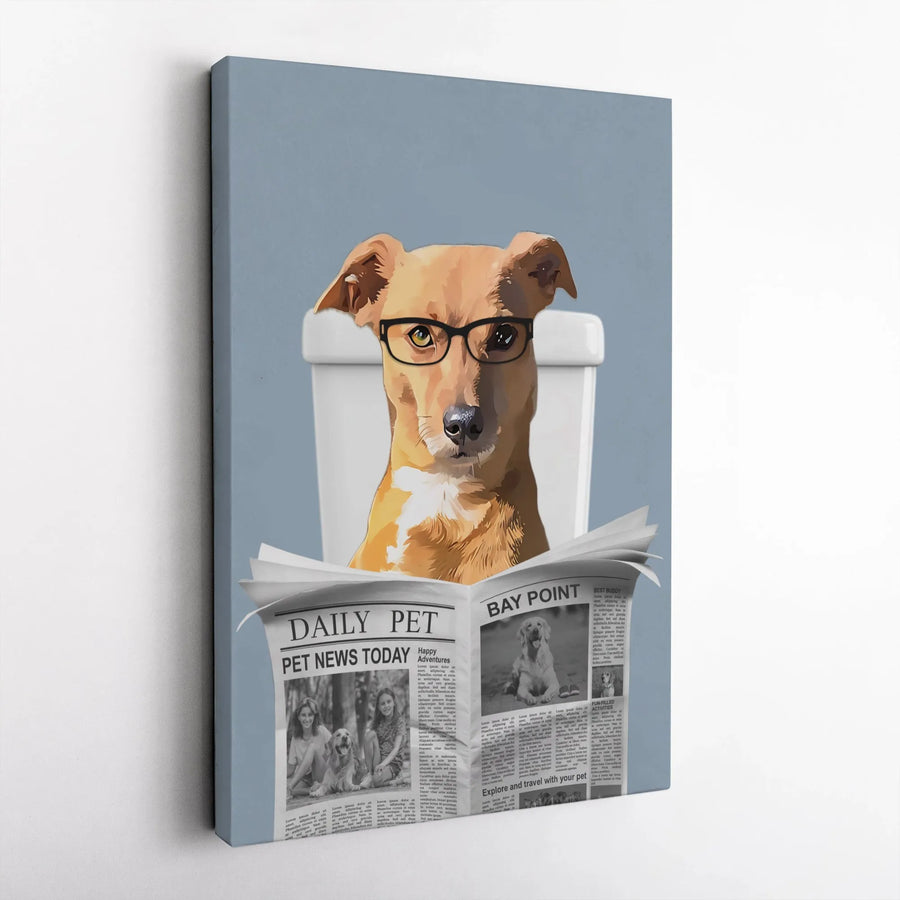 Dog on Toilet Reading Newspaper Canvas | Funny Animal Bathroom Wall Art | Premium Fade-Resistant Gallery Wrap | Unique Quirky Gift for Dog Lovers