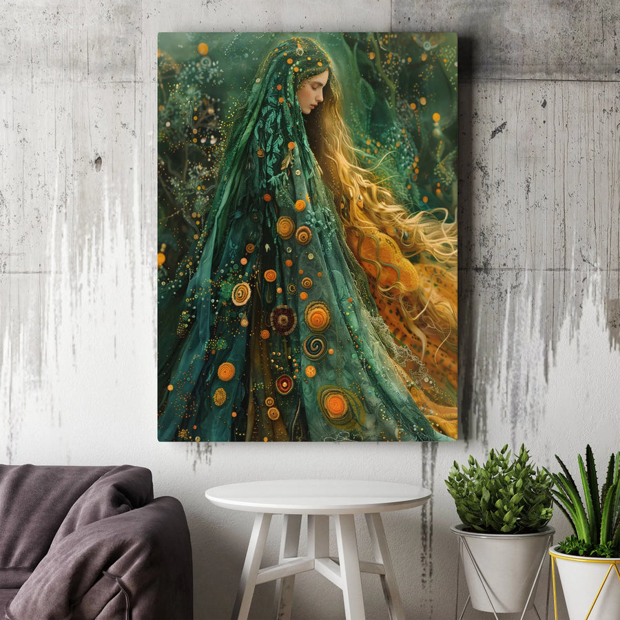 Ethereal Forest Goddess Canvas Wall Art | Mystical Woman in Green Cloak | Premium Gallery Wrap Print | Fantasy Home Decor Gift