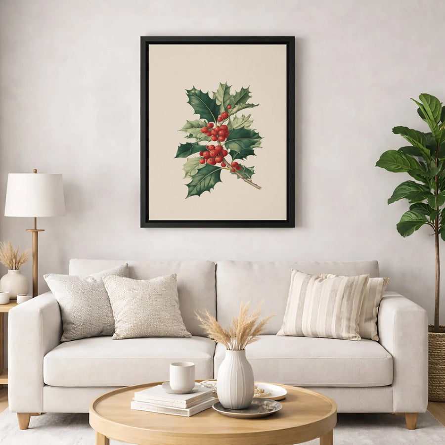 Holly Berries Canvas Print | Vintage Botanical Illustration Wall Art | Premium Gallery Wrapped 1.25" Profile | Holiday Home Decor Gift