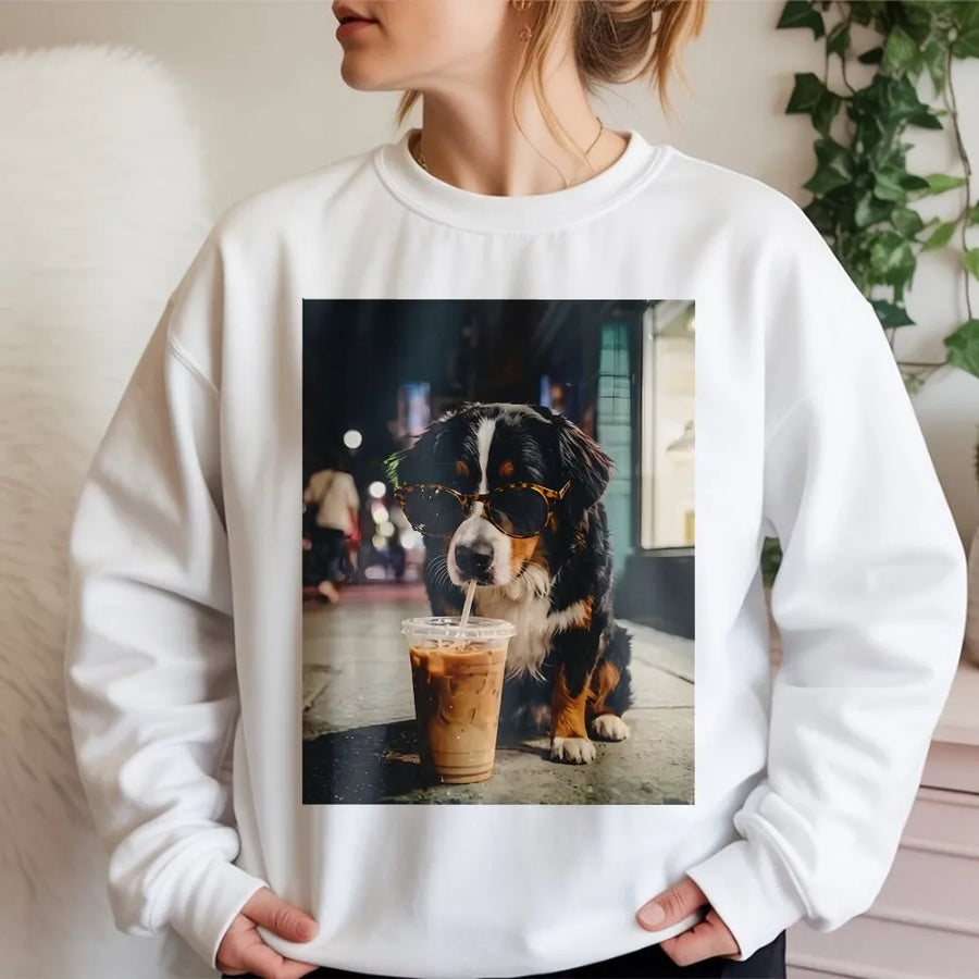 Bernese Mountain Dog Sweatshirt | Funny Dog with Sunglasses & Coffee | Premium Cotton Blend | Gift for Berner Mom or Dad