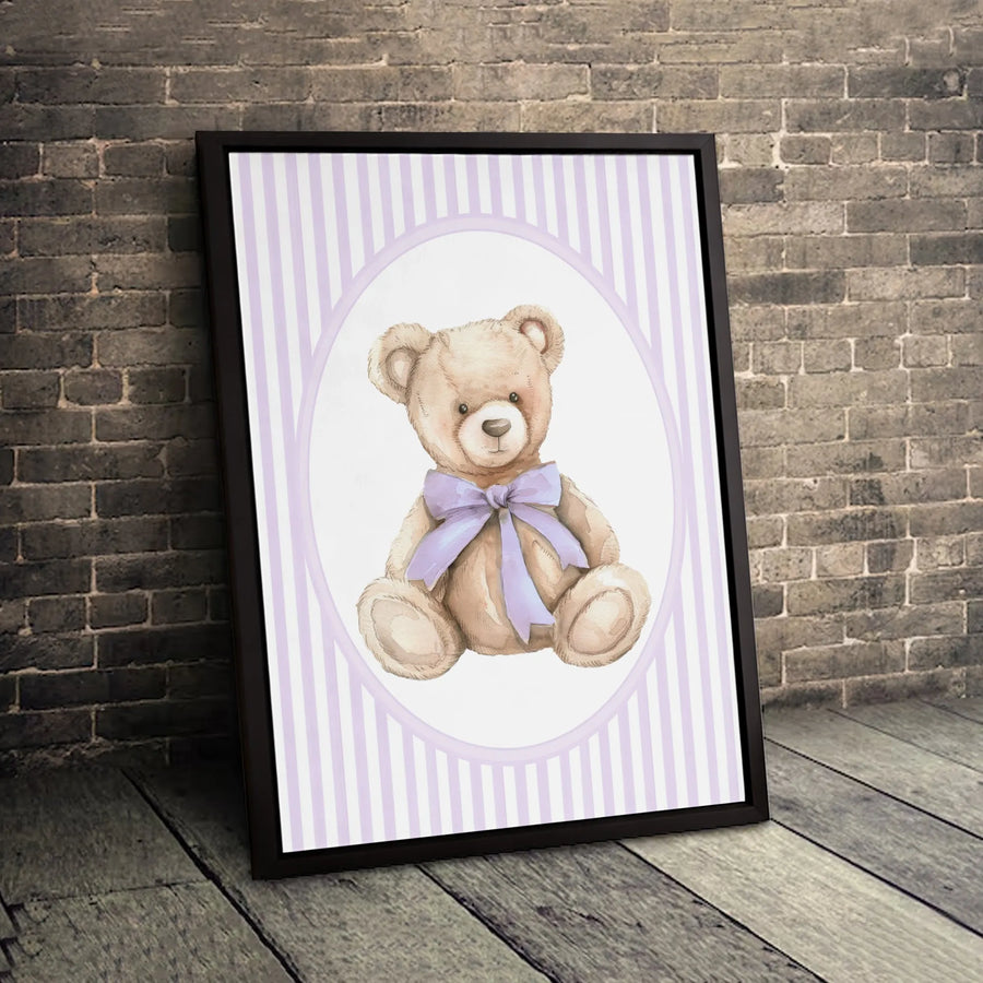 Watercolor Teddy Bear Canvas Art | Cute Purple Bow Nursery Wall Decor | Premium 1.25-Inch Thick Gallery Wrap | Baby Girl Room Gift