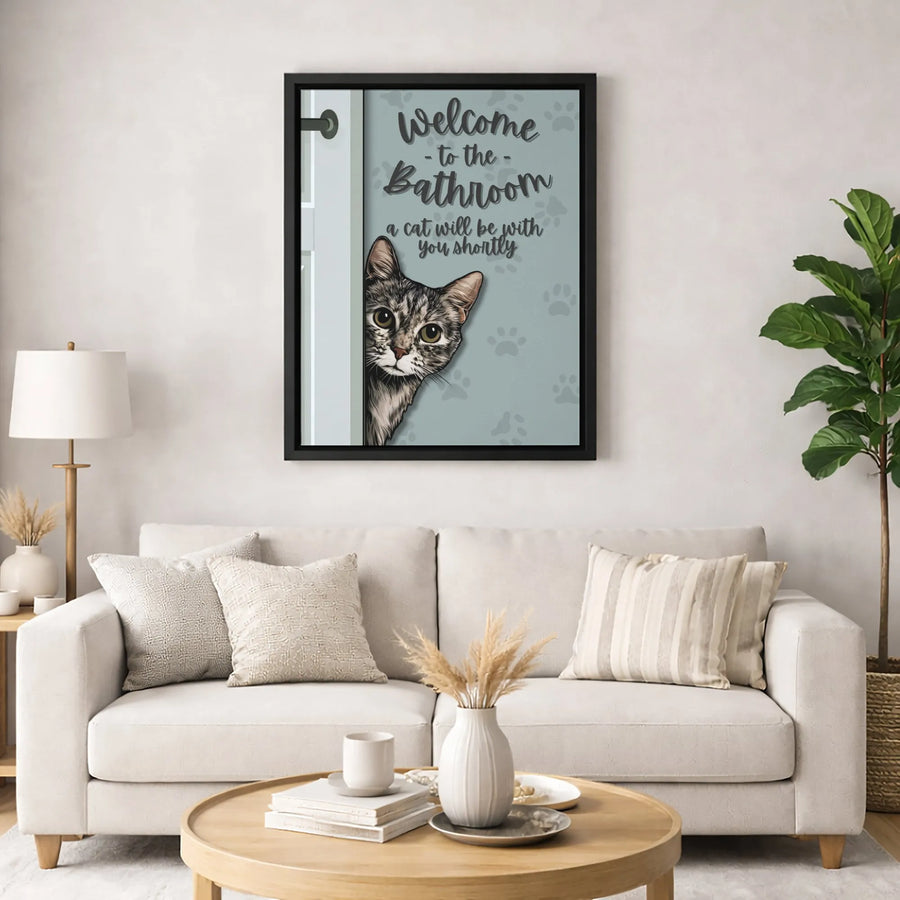 Welcome To The Bathroom Cat Wall Art | Peeking Tabby Kitten Humor Print | 1.25 Inch Premium Gallery Canvas | Funny Bathroom Decor Gift For Cat Lovers
