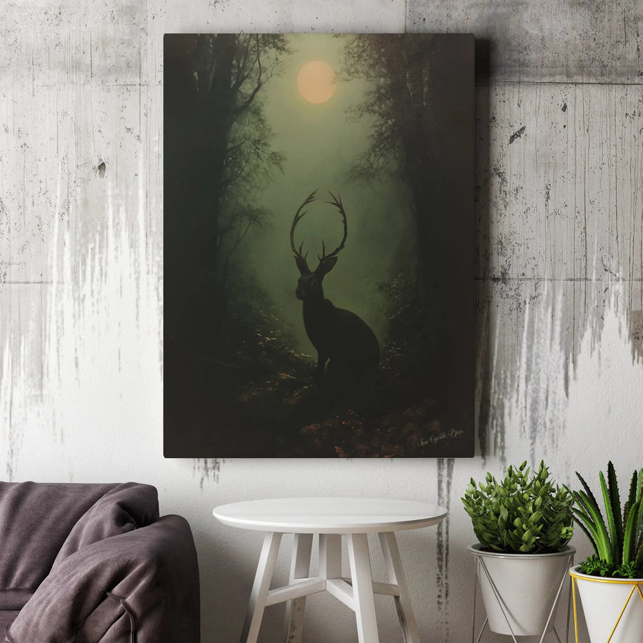 Dark Forest Jackalope Wall Art | Moody Mystical Rabbit with Antlers Canvas Print | Gallery-Quality Premium Decor | Unique Folklore Home Gift