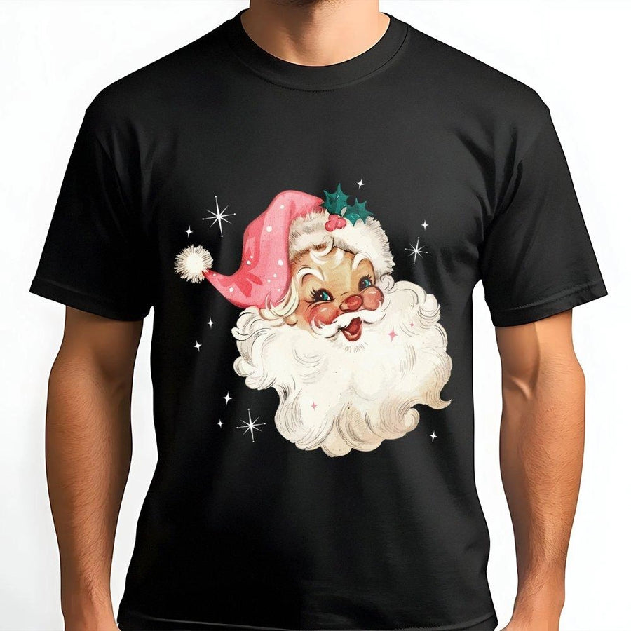Retro Santa T-Shirt | Vintage Christmas Pink Hat Graphic | Premium Soft Cotton | Festive Holiday Gift for Women and Men