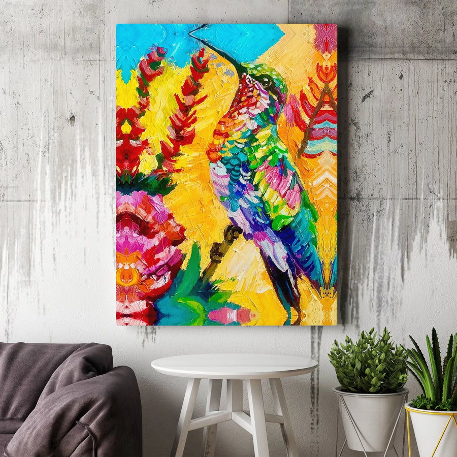 Colorful Hummingbird Canvas Wall Art | Abstract Impasto Oil Painting Style | Premium Fade-Resistant Gallery Wrap | Modern Home Office Decor Gift