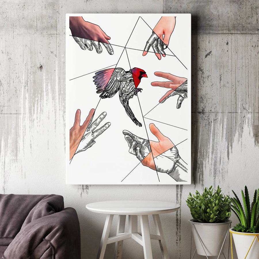 Red Cardinal Canvas Print | Abstract Geometric Bird and Hand Art | Premium Thick Gallery Wrap | Modern Wall Decor Gift for Art Lovers