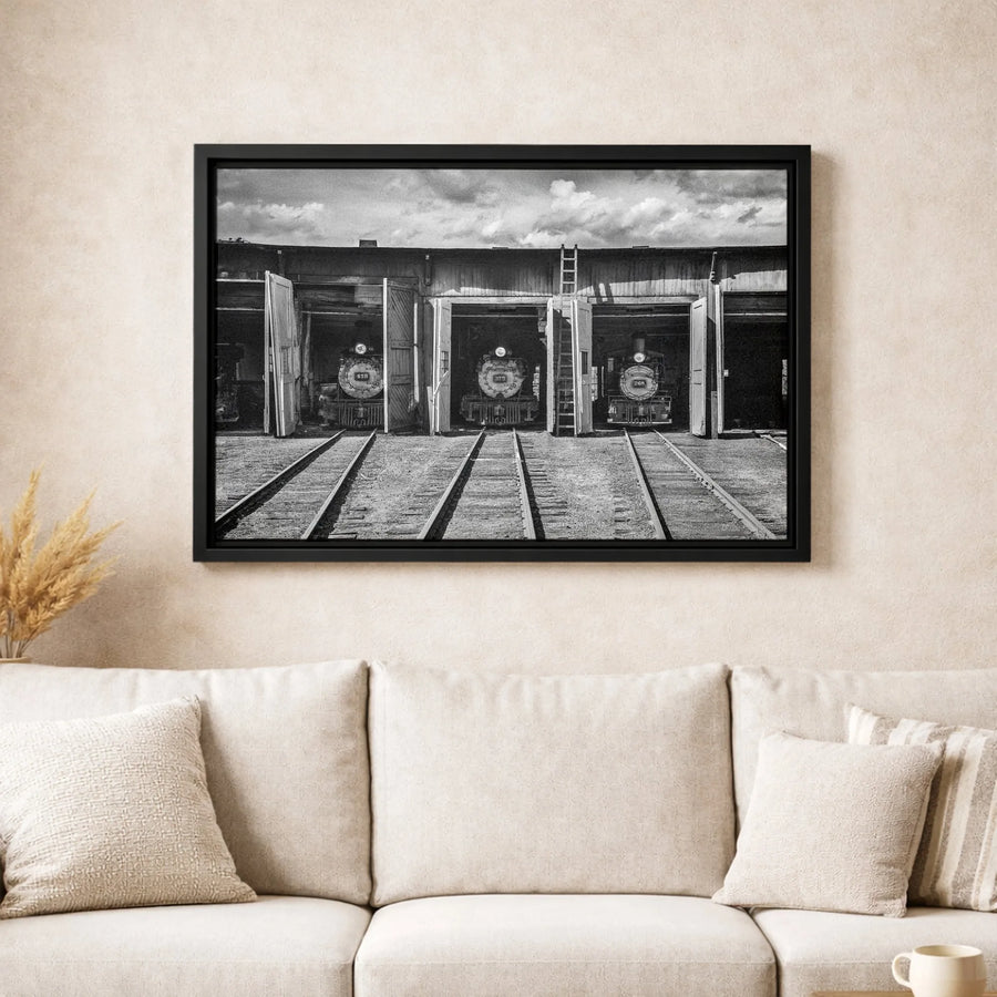 Vintage Steam Train Wall Art | Black and White Railroad Depot Photography | Gallery-Quality Canvas Print | Gift for Train Enthusiasts and Collectors