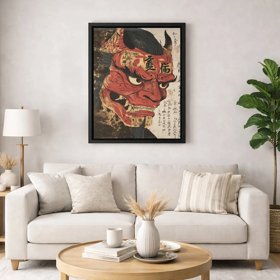 Japanese Red Oni Mask Wall Art | Ukiyo-e Style Kanji Decor | Premium Gallery Wrap Canvas | Gothic Home Office Decor Gift