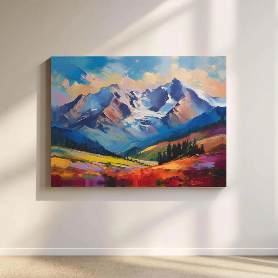 Mountain Landscape Canvas Wall Art | Vibrant Impasto Style Oil Painting | Premium Gallery Wrapped Print | Modern Living Room Home Decor Gift