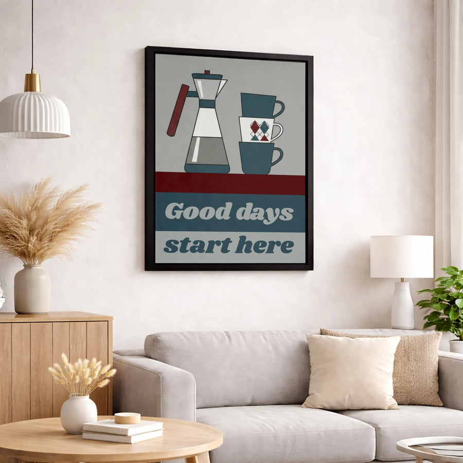 Good Days Start Here Coffee Canvas Print | Retro Moka Pot Wall Art | Premium 1.25-Inch Thick Gallery Wrap | Kitchen Decor Gift for Coffee Lovers