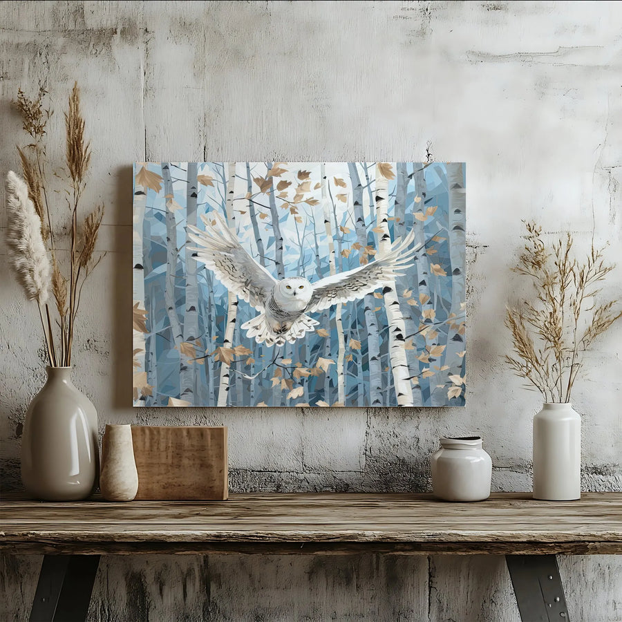 Snowy Owl Canvas Wall Art | Geometric Birch Forest Print | Gallery Quality 1.25 Inch Wrap | Nature Lover Home Decor Gift