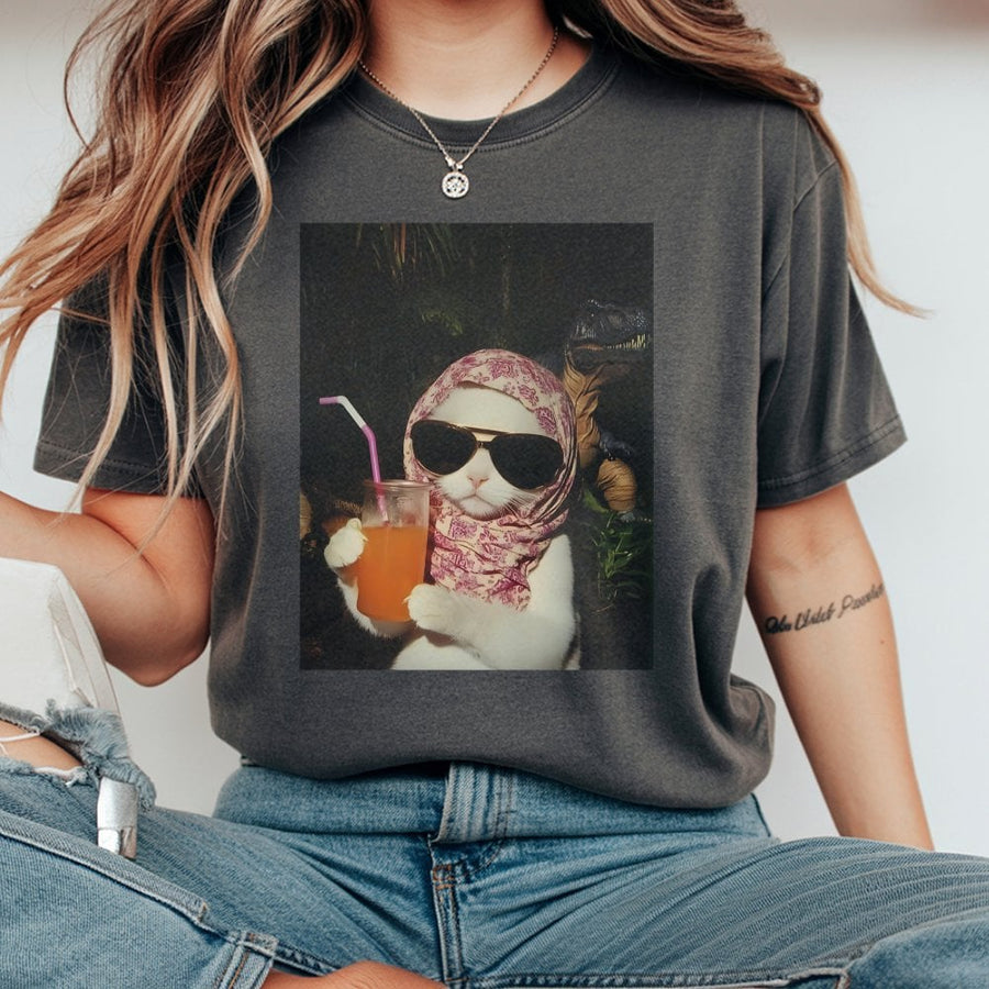Chill Girl Cat Graphic T-Shirt | Funny Retro Meme Dinosaur Design | 100% Cotton Premium Unisex Tee | Trendy Gift for Cat Lovers