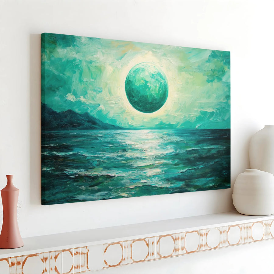 Teal Seascape Canvas Art | Glowing Green Moon Landscape Print | Premium Gallery Wrap 1.25" Frame | Modern Coastal Wall Decor for Bedroom