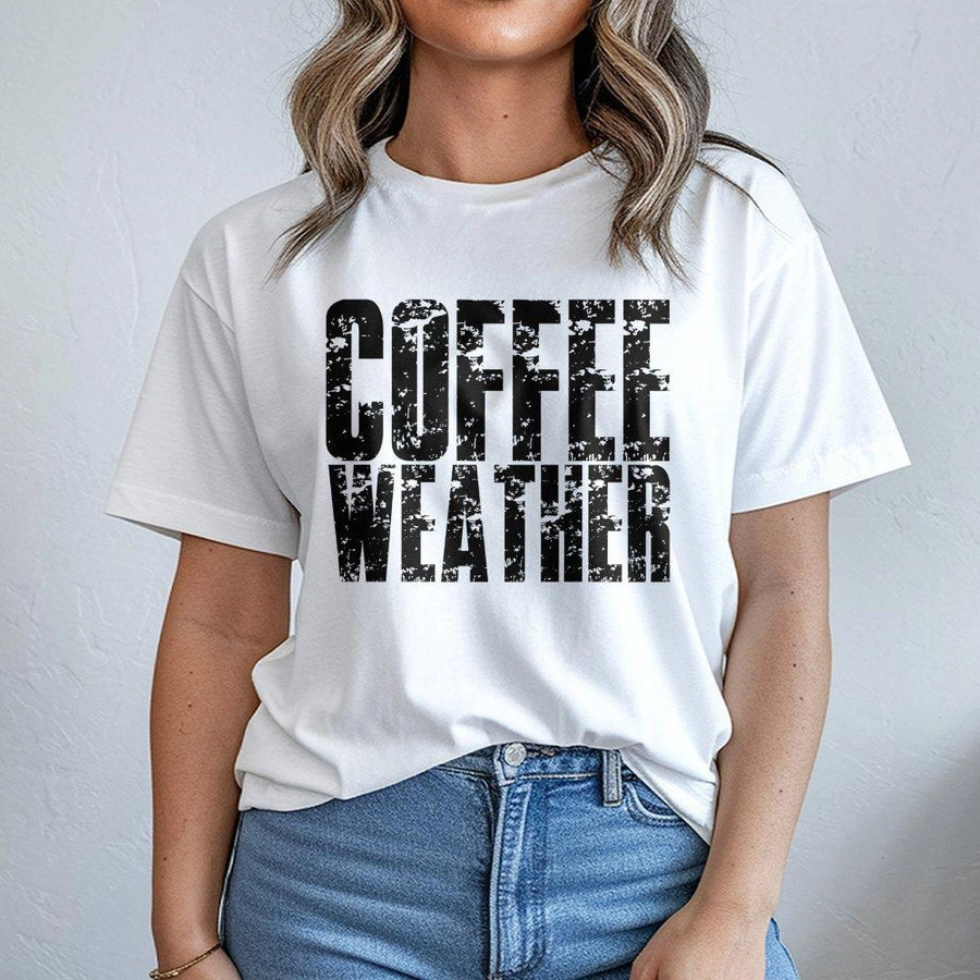 Coffee Weather T-Shirt | Distressed Graphic Text Design | Premium 100% Cotton | Cozy Fall Outfit Gift For Coffee Lovers