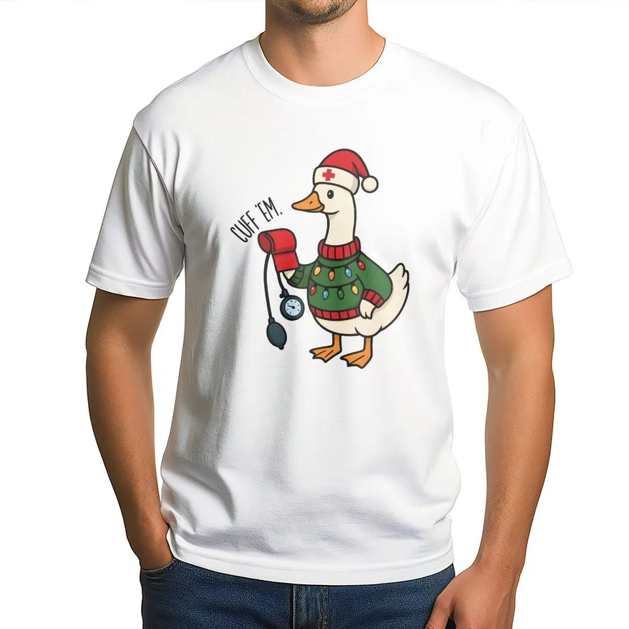 Nurse Christmas T-Shirt | Funny Cuff Em Goose Graphic | Premium Soft Cotton Tee | Holiday Gift For Nurses, Nursing Students, RN, LPN