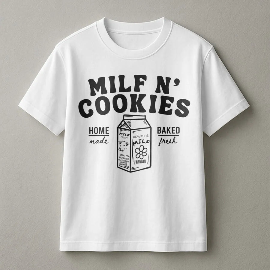 Milf N Cookies T-Shirt | Funny Retro Milk Carton Graphic | Premium Soft Cotton Tee | Sarcastic Humor Gift For Moms And Friends