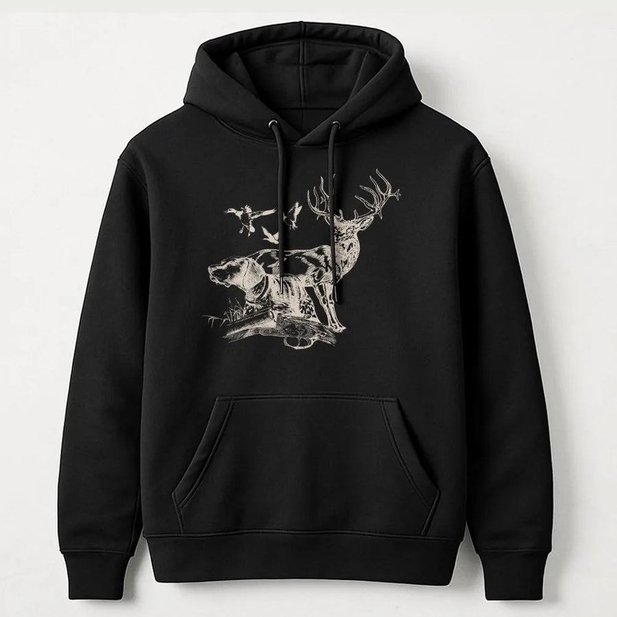 Wildlife Hunting Hoodie | Vintage Deer and Bird Graphic | Premium Cotton Blend | Gift for Outdoorsman and Hunter