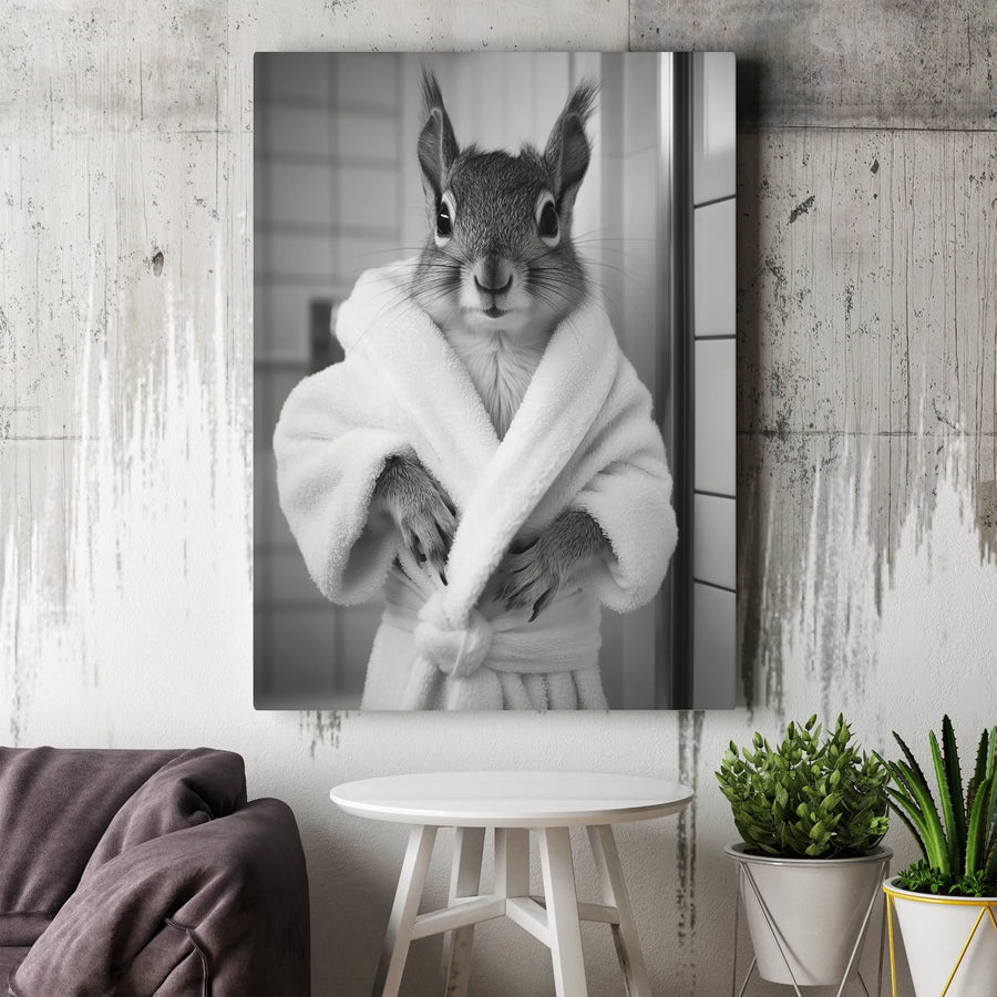 Funny Squirrel in Robe Vertical Canvas | Black and White Animal Photography | Premium 1.25" Thick Wall Art | Modern Bathroom Decor Gift for Men