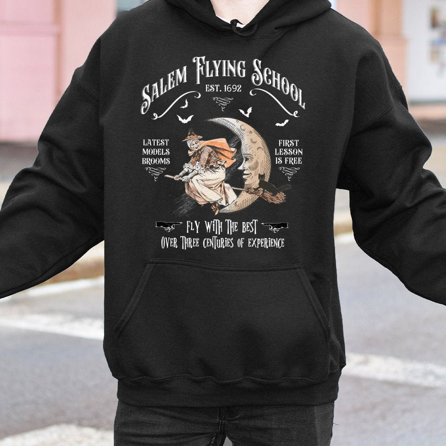 Salem Flying School Hoodie | Vintage Witchcraft Aesthetic Graphic | Premium Cotton Blend | Spooky Halloween Gift for Witchy Lovers