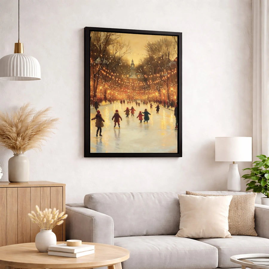 Winter Ice Skating Canvas Art | Impressionist Holiday Lights Wall Decor | Premium 1.25" Thick Gallery Wrap | Festive Christmas Home Interior Gift