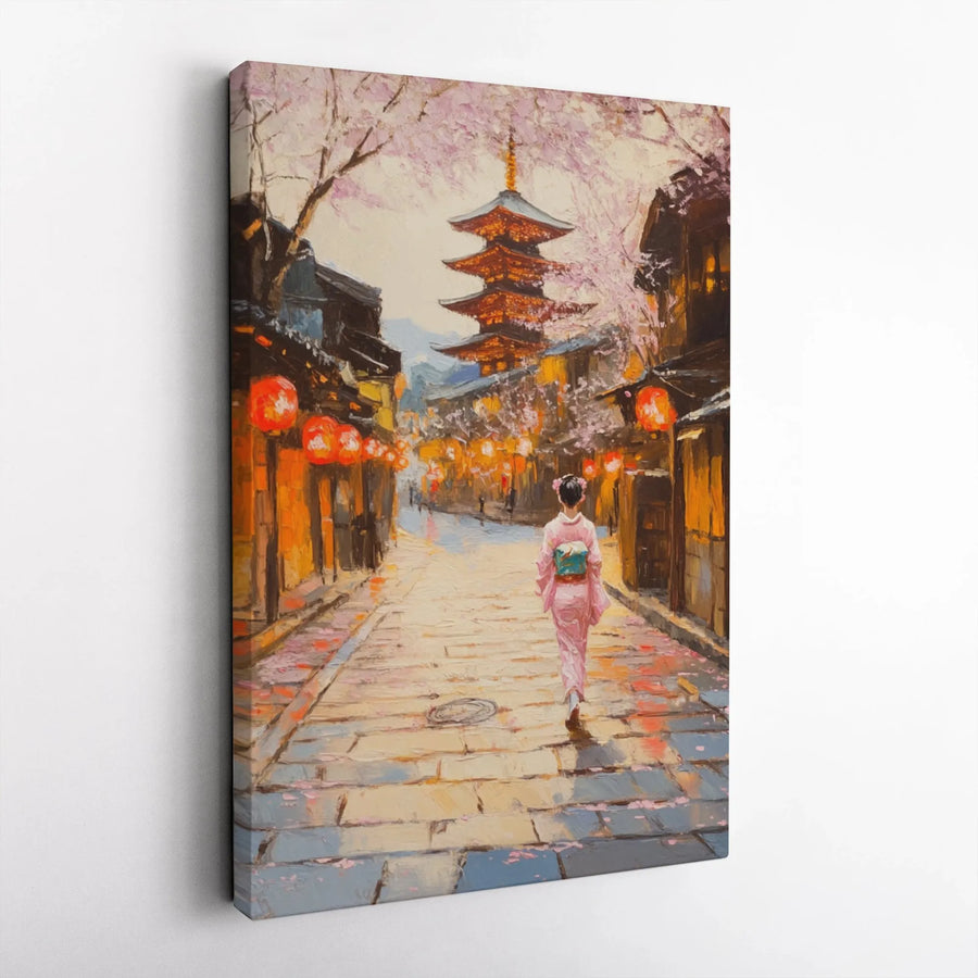 Japanese Cherry Blossom Canvas Print | Painterly Kyoto Street Scene with Pagoda | Premium 1.25" Thick Gallery Wrap | Wall Art Gift for Japan Lover