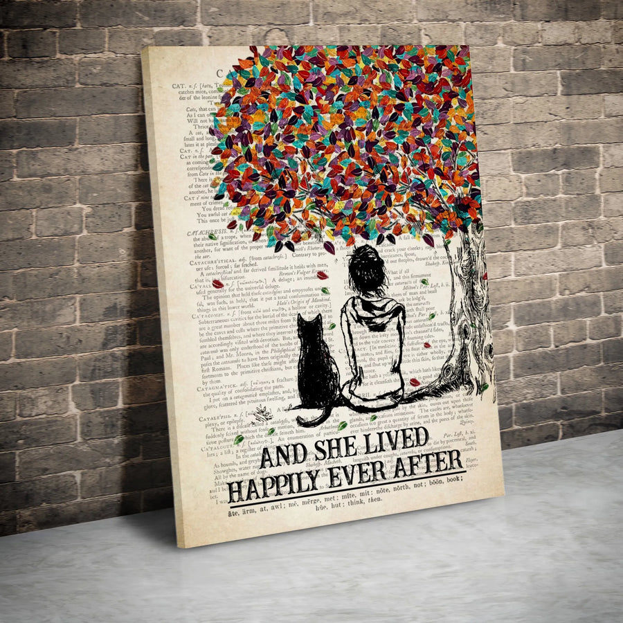 Cat Lover Wall Art Canvas | And She Lived Happily Ever After Dictionary Print | Gallery Wrapped Premium Decor | Gift For Women & Cat Moms
