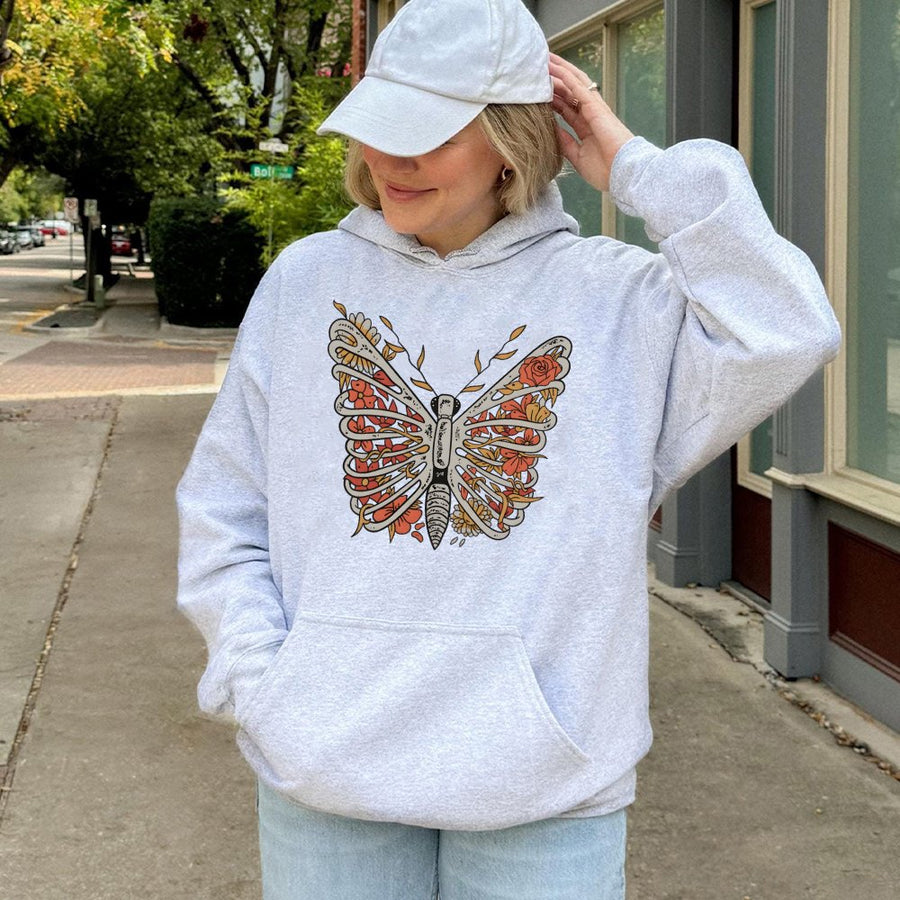 Skeleton Butterfly Hoodie | Floral Ribcage Graphic Art | Premium Cotton Blend | Aesthetic Gothic Nature Gift for Women and Men