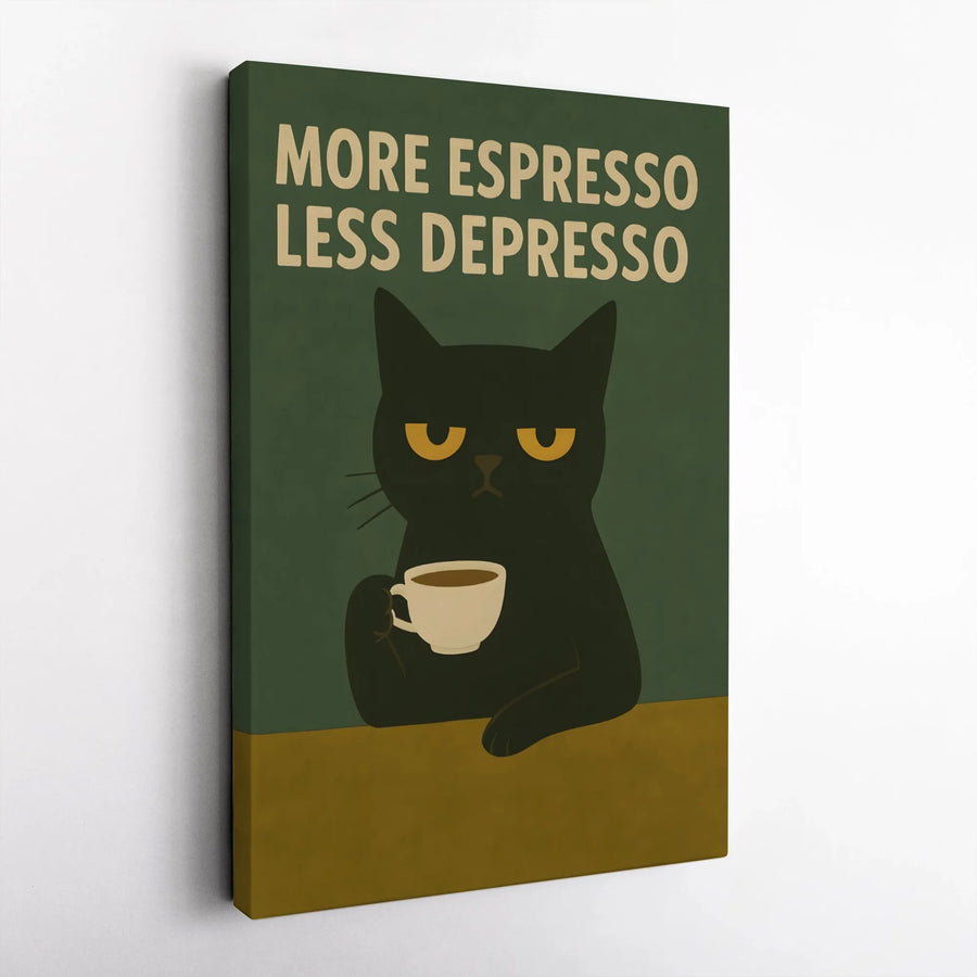 More Espresso Less Depresso Canvas Wall Art | Grumpy Black Cat Coffee Poster | Premium Gallery Wrap Decor | Funny Kitchen Office Gift