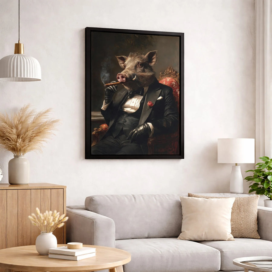 Wild Boar in Tuxedo Portrait Canvas | Gentleman Pig Smoking Cigar Wall Art | Premium Gallery-Wrapped Print | Unique Man Cave or Office Decor Gift