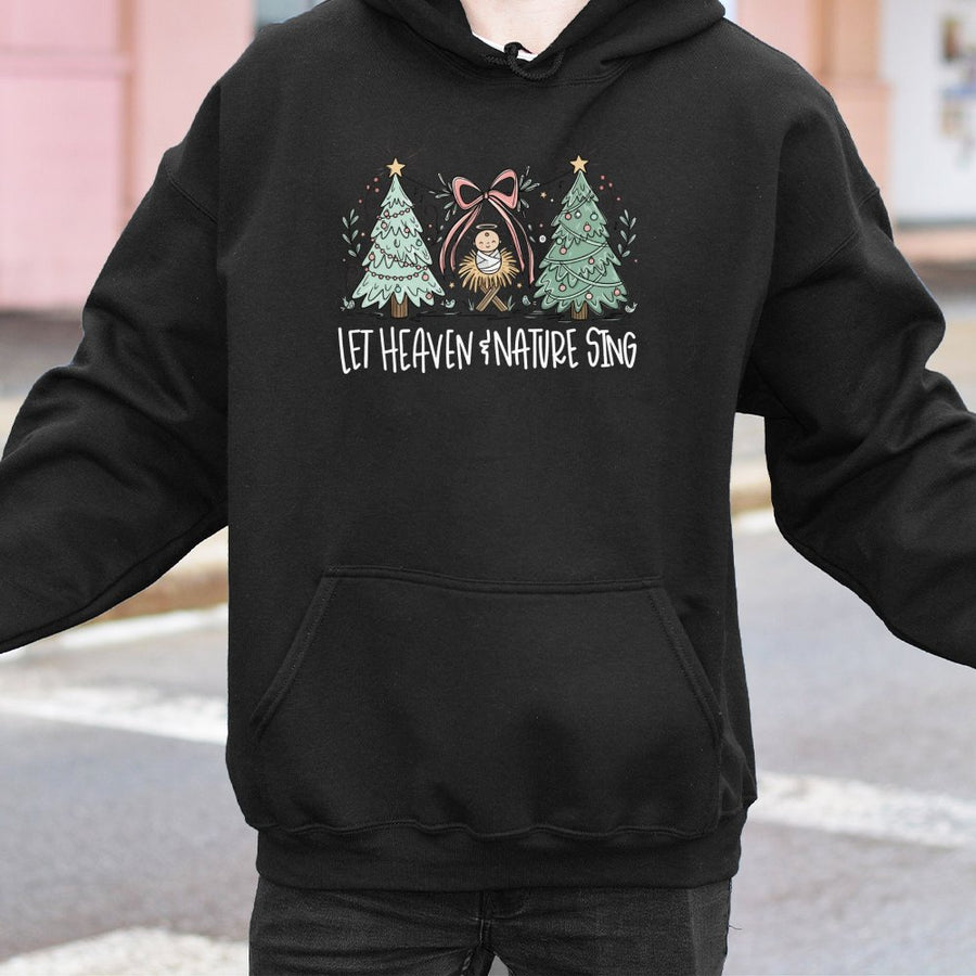 Let Heaven And Nature Sing Christmas Hoodie | Whimsical Nativity Trees Graphic | Soft Cotton-Polyester Blend | Religious Holiday Gift for Her