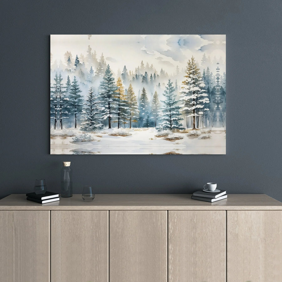 Winter Forest Canvas Wall Art | Snowy Pine Tree Watercolor Print | 1.25" Gallery Wrap Premium Decor | Nature Landscape Gift For Home Office