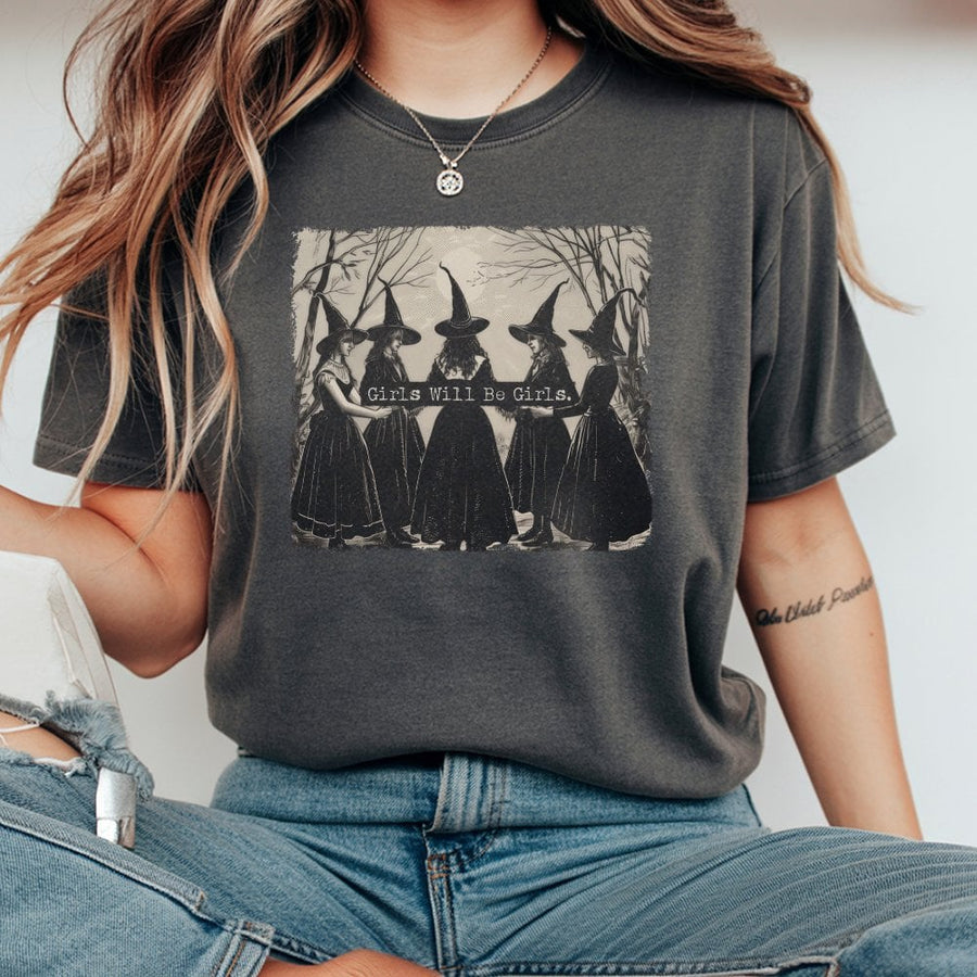 Girls Will Be Girls Witch T-Shirt | Vintage Boho Aesthetic Graphic | 100% Cotton Premium Tee | Occult Gothic Gift For Women