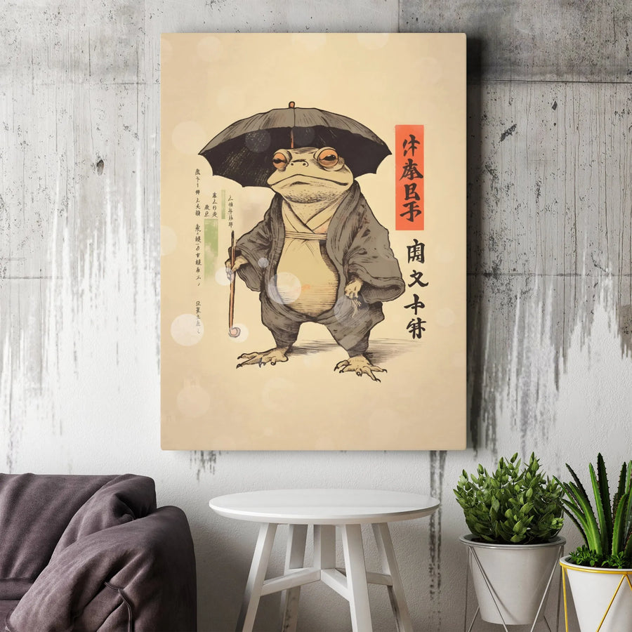 Japanese Ukiyo-E Toad Canvas Wall Art | Anthropomorphic Frog in Kimono | Premium Gallery Wrap Print | Whimsical Home Decor Gift for Art Lovers