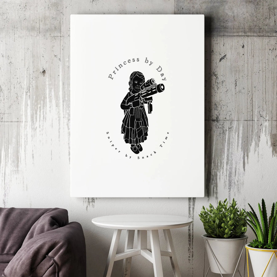 Princess By Day Sniper By Snack Time Canvas | Minimalist Girl With Gun Wall Art | Premium 1.25 Inch Gallery Wrap | Edgy Home Decor Gift For Her