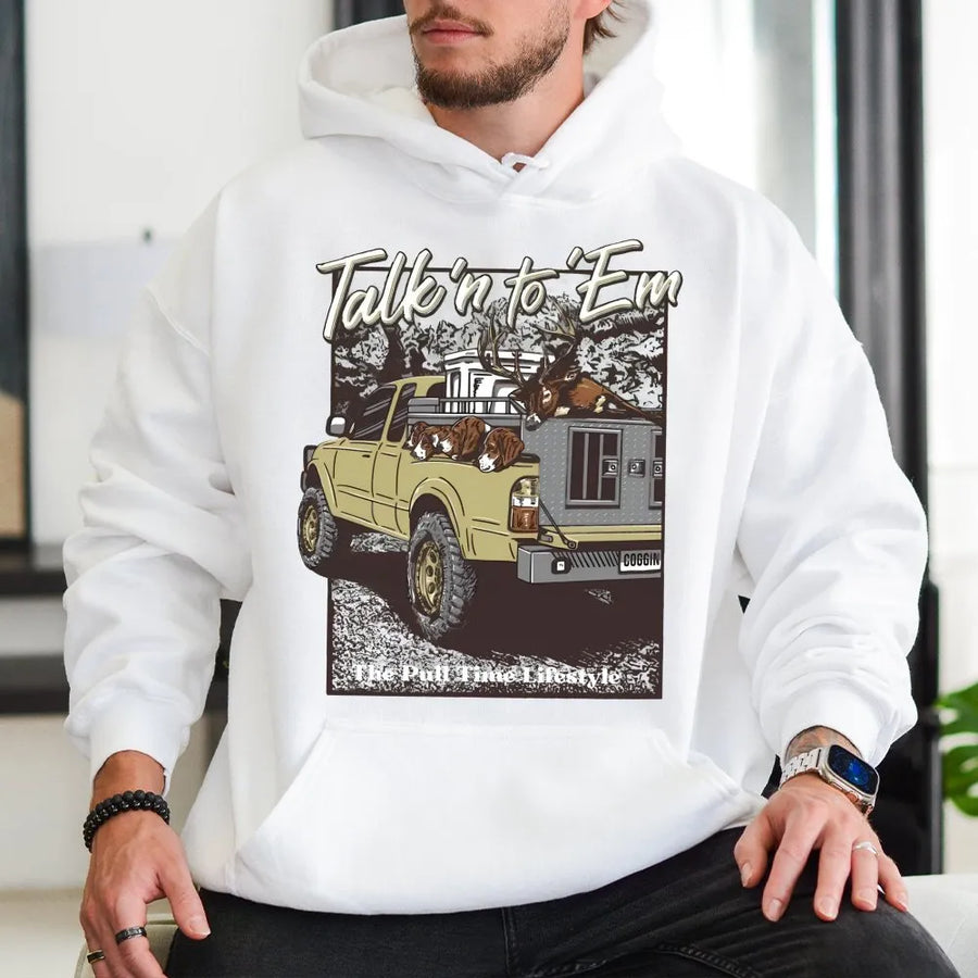 Hunting Truck Hoodie | Talk N To Em Deer Dogs Graphic | Premium Cotton Blend | Gift For Deer Hunters & Outdoorsmen
