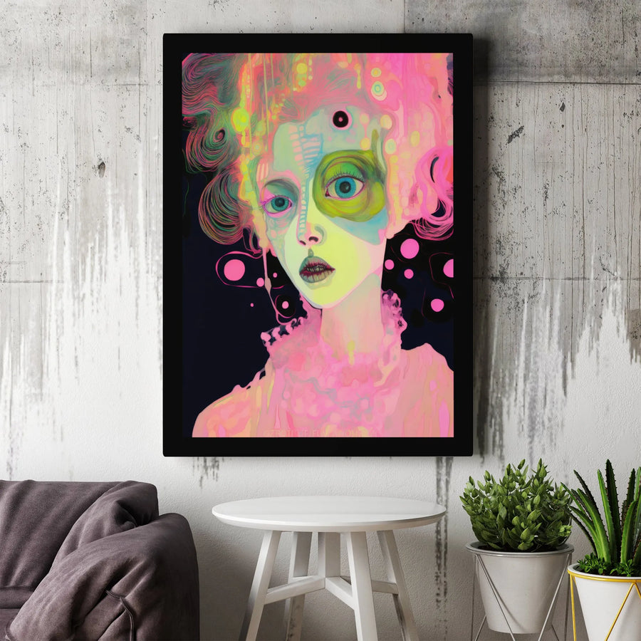 Psychedelic Surreal Portrait Canvas | Neon Abstract Woman Wall Art | Premium Fade-Resistant Gallery Print | Bohemian Home Decor Gift