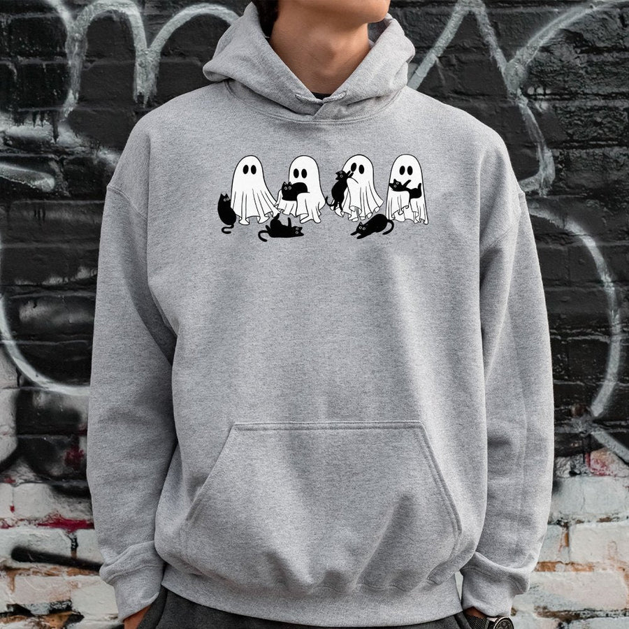 Cute Ghost and Black Cat Hoodie | Spooky Kawaii Graphic Print | Premium Cotton-Blend Fleece | Halloween Gift for Cat Lovers