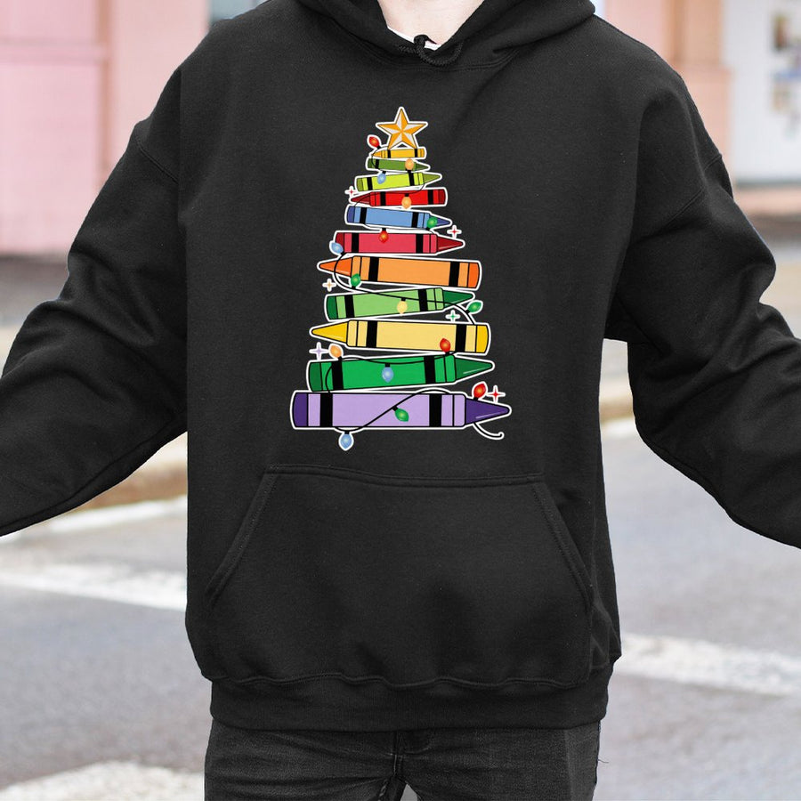 Christmas Crayon Tree Hoodie | Teacher Holiday Graphic Sweatshirt | Cotton-Polyester Blend | Festive School Staff Gift for Teachers