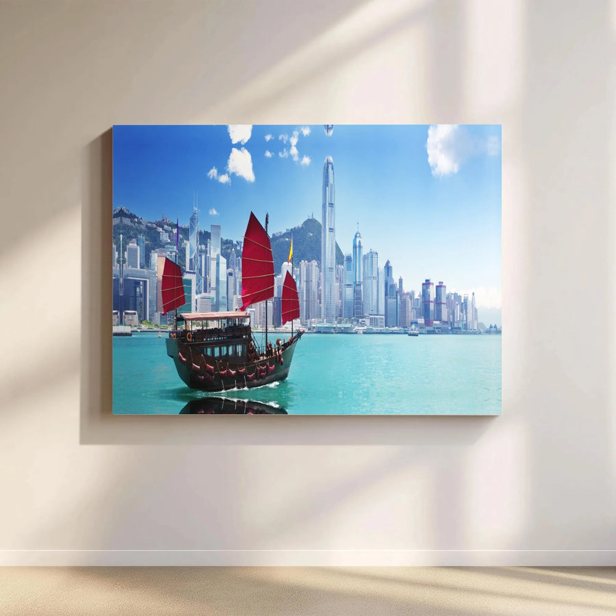 Hong Kong Skyline Canvas Print | Traditional Junk Boat Harbour Scene | 1.25 Inch Gallery Wrap | Premium Travel Decor Wall Art
