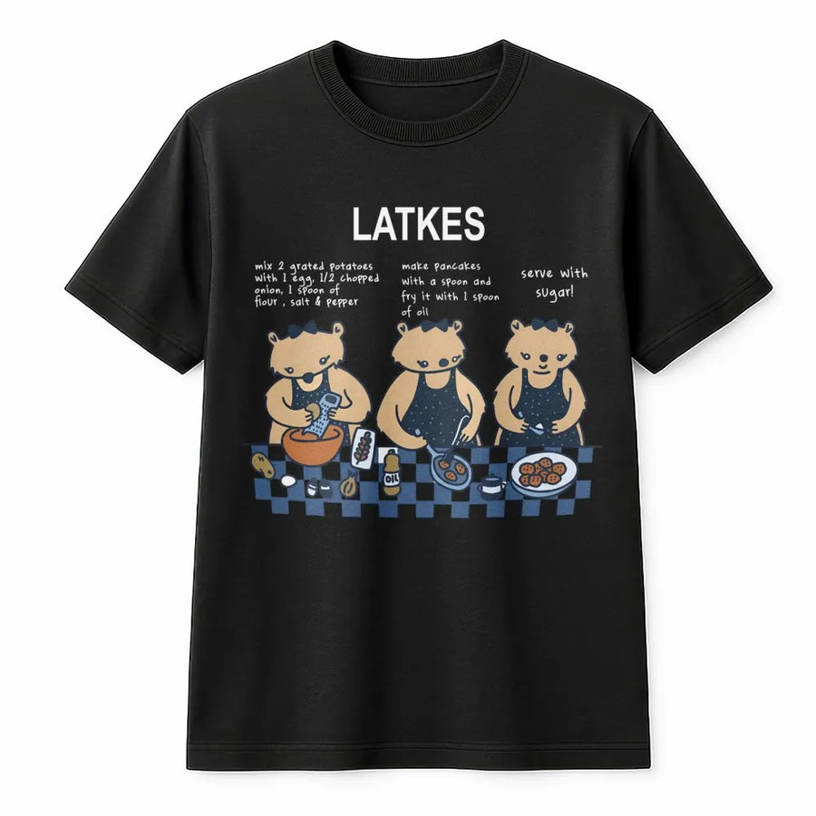 Latkes Recipe T-Shirt | Funny Hanukkah Cooking Illustration | Premium Soft Cotton Tee | Jewish Holiday Gift For Foodies