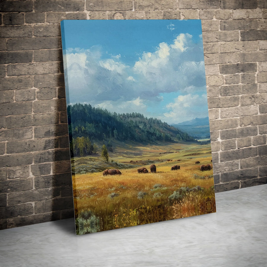 Bison Landscape Vertical Canvas Art | Oil Painting Scenic American West Mountain Valley | Premium 1.25 Inch Gallery Wrap | Rustic Cabin Wall Decor Gift